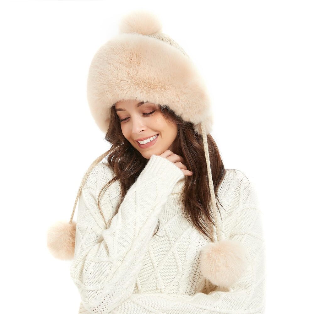 5614 Winter Hat Faux Fur Beanie Hat with Fuzzy Pom Pom Knit Trapper Hat